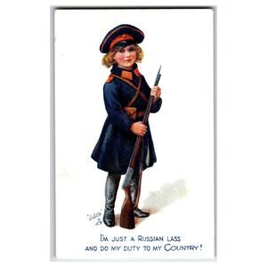 WWI Russian Lass Soldier Child Uniform Patriotic Tuck's Postcard Odette 8771